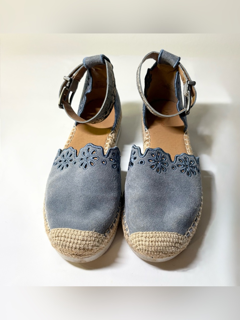 Crown Vintage Brixie Powder Blue Espadrille Leather Scalloped Embroider Size 7 - Picture 2 of 14